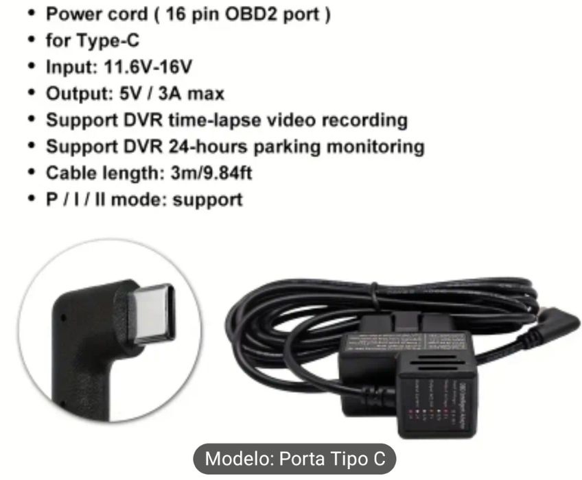 Carro Camara dashcam + cartão memória + cabo ODB/usbC
