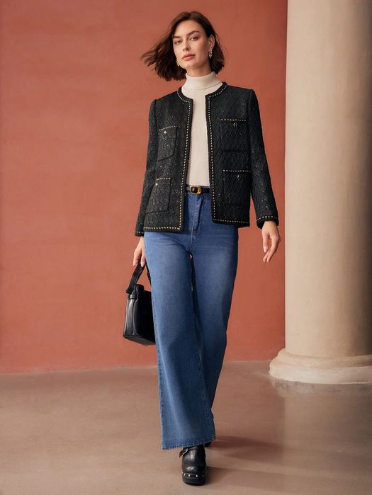 Kurtka Tweedowa Elegancka Cekinowa Czarna Premium Motf M 38