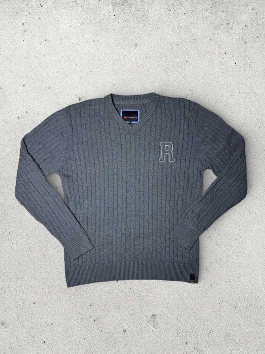 Redwood L szary sweter męski warkoczowy v-neck old money bawełna premium