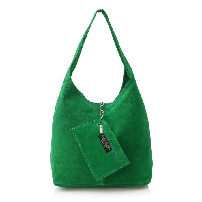 VERA PELLE torebka zamszowa worek na ramię z saszetką V132 zielona