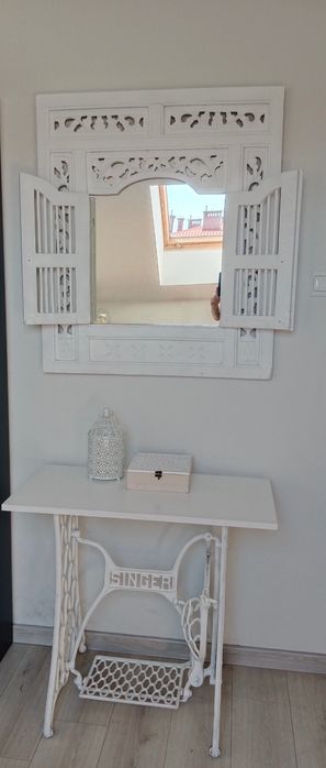 Toaletka lustro + stolik z maszyny Singer shabby Chic drewno białe