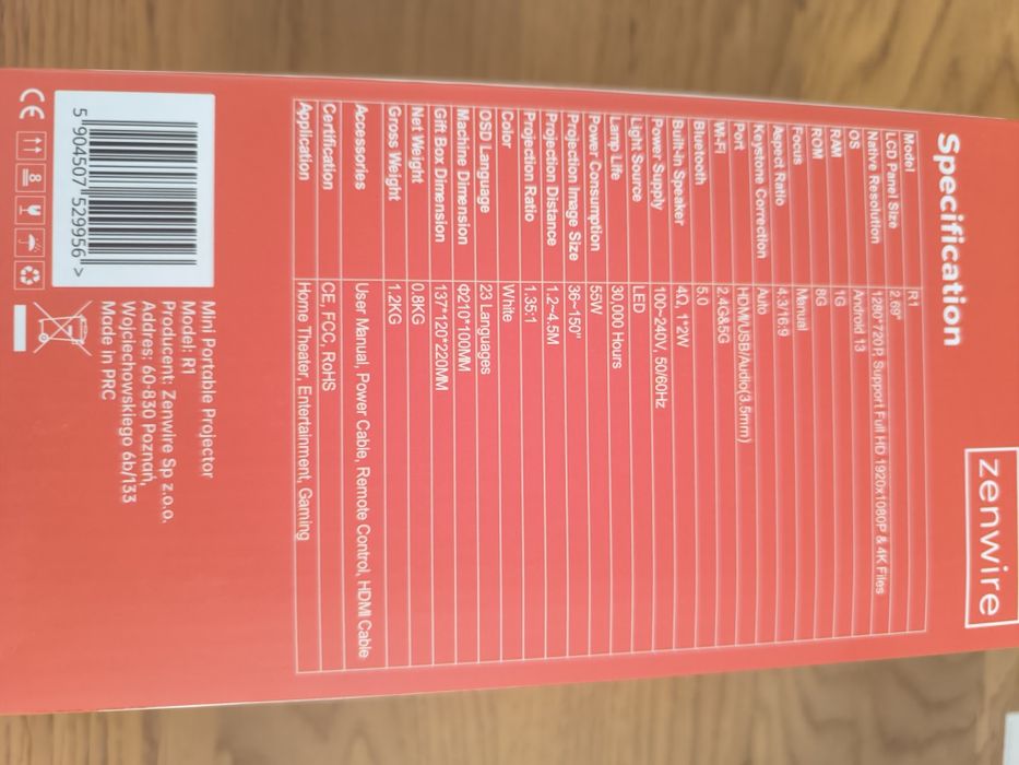 Przenośny mini projektor Zenwire R1 full HD 4k 360 Android rzutnik wif