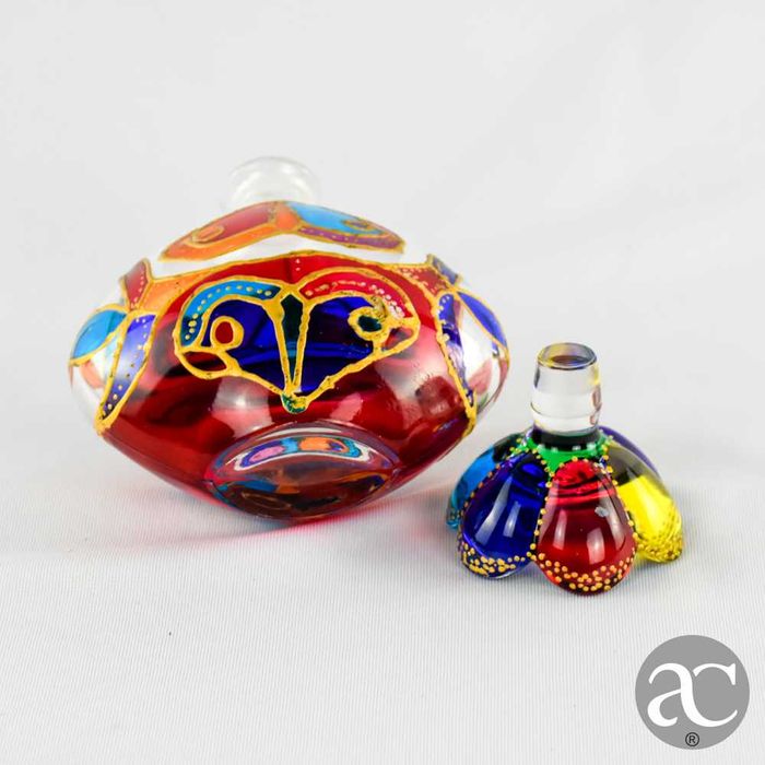 Frasco perfume vidro de Murano, pintado à mão, rolha em forma de flor