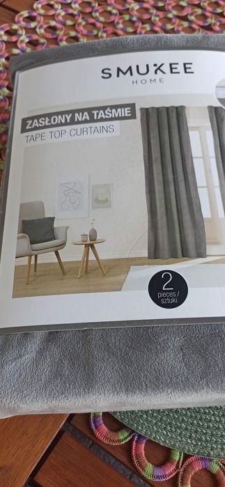 Zasłony szare, welurowe na taśmie