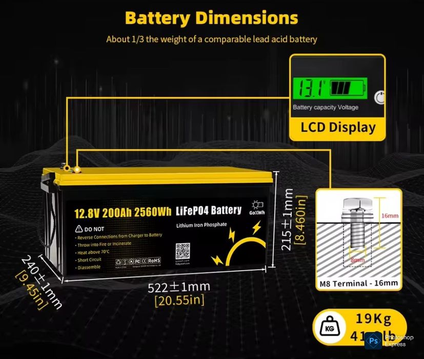 LiFePO4 Акумулятор 12.8V | 200Ah | 2560Wh з захистом BMS