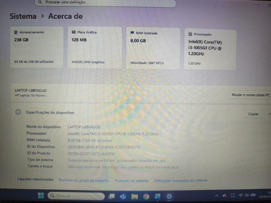 HP Prateado Intelcore i3 / 256GB armazenamento / 128MB placa / 8GB RAM