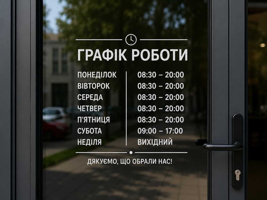 Наклейки логотип,графік роботи на скло,вітрина,двері
