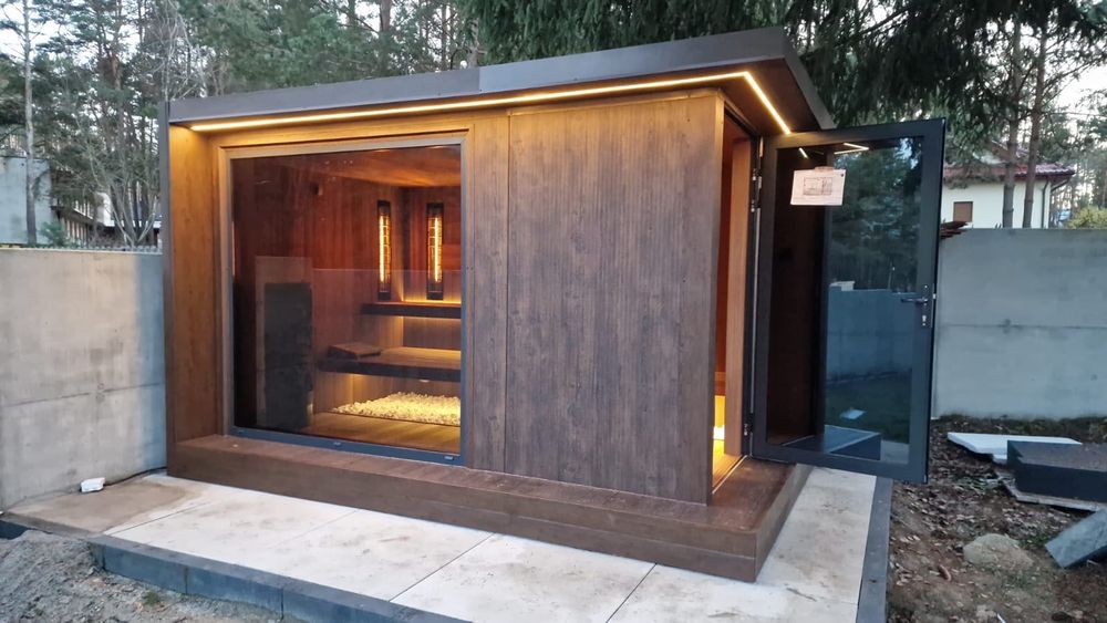 Sauna ogrodowa premium w kontenerze z płyty zespolonej 100 mm PIR