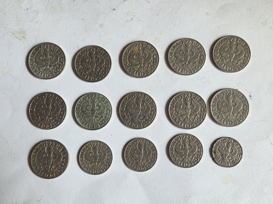 Polskie przedwojenne monety 10, 20 i 50 gr (1923) 15 sztuk