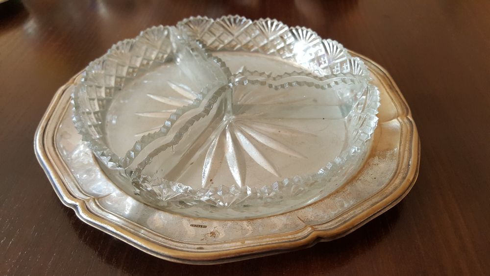 Szklany kabaret potrójny przyprawnik PRIMA NS antyk taca na przystawki