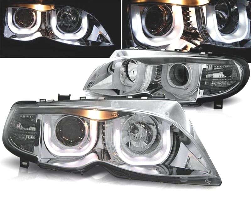 FARÓIS COM LUZ DIURNA LED BMW E46 01-05 FUNDO CROMADO