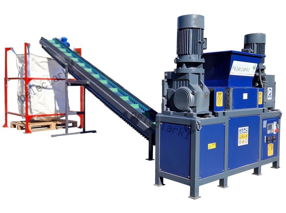 ZESTAW Kruszarka 30 kW + Taśmociąg + Stojak BIGBAG Recykling Pakowanie