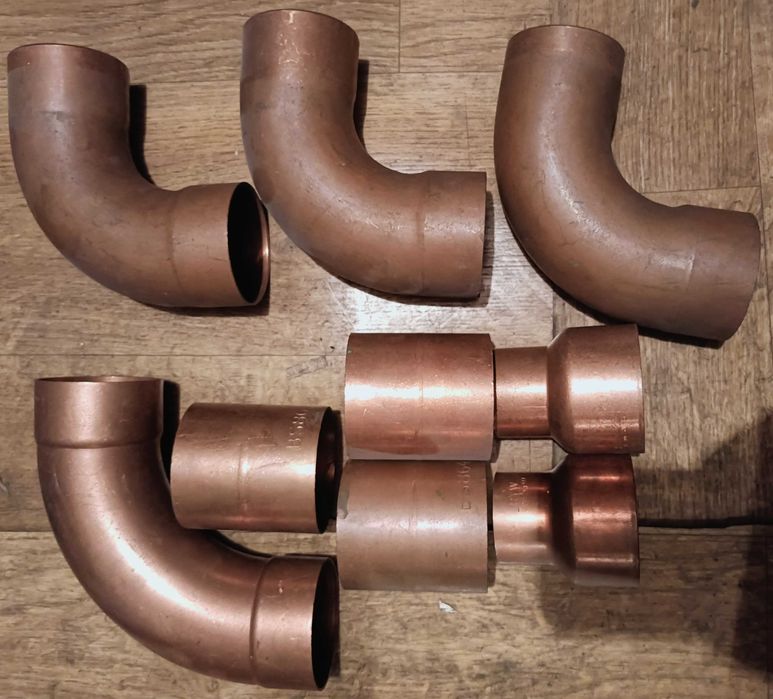 Miedź - Kolano 90 stopni, Łuk, Mufa, Nypel redukcyjny fi 76mm 54mm