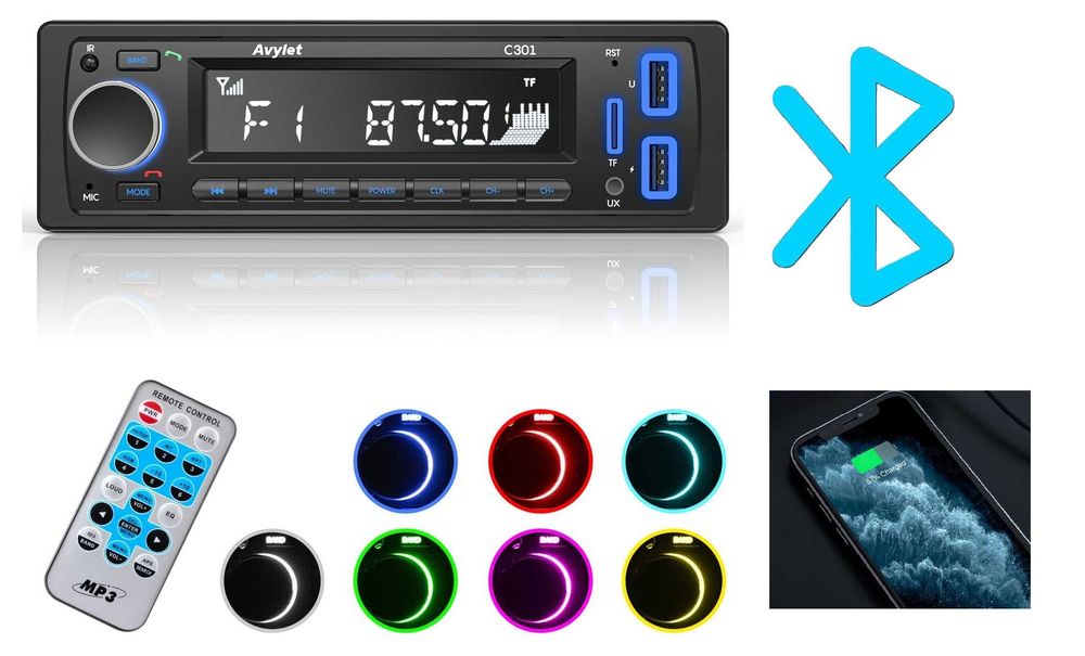 Radio 1 DIN Avylet Bluetooth 5.0 FM AUX SD USB Pilot