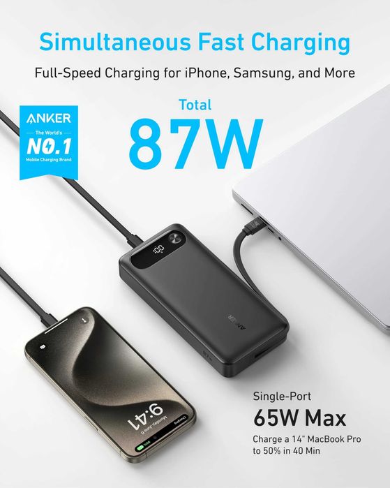 Anker Power Bank (20000mAh, 87W, Built-In USB-C Cable) A1383011