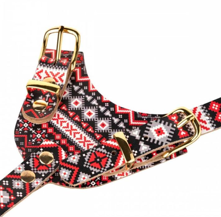 Шлея з повідцем шкіряна Hi Dog "Вишиванка"