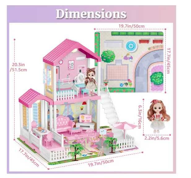 Будиночок для ляльок на 2 поверхи/3 кімнати. з меблями та терасою