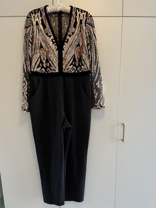 46 luksusowy kombinezon UK18 czarny cekiny wesele impreza