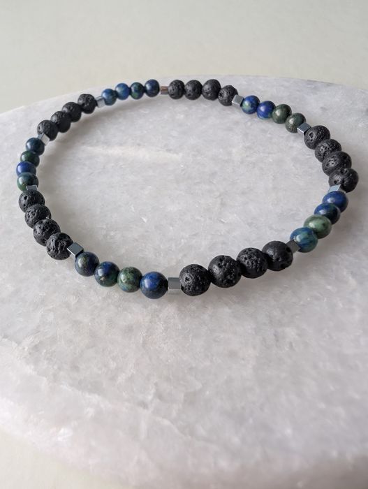 Bransoletka męska unisex z kamieni ława wulkaniczna azuryt hematyt