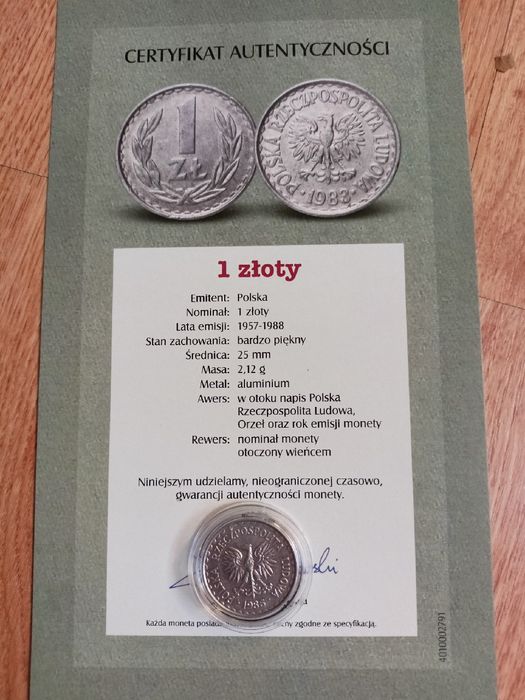 Moneta 1 zł z certyfikatem