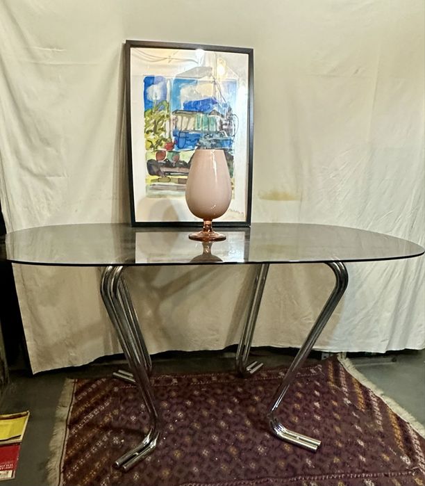 Mesa de Centro/Apoio Vintage Anos 70 – Vidro Fumado e Cromados