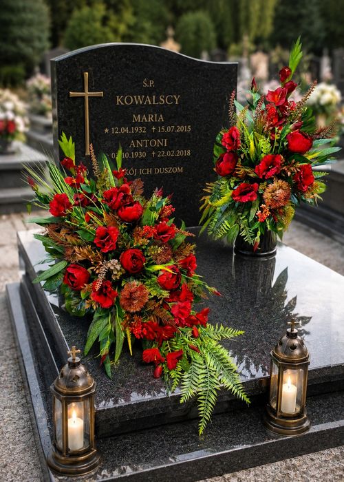 Duży zestaw na nagrobek: kompozycja plus bukiet do wazonu