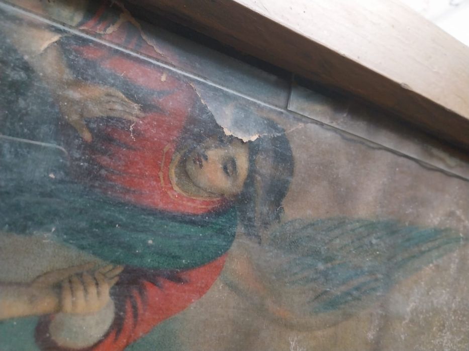 Dewocjonalia zniszczony duży obraz przedwojenny czyściec piekło Maryja