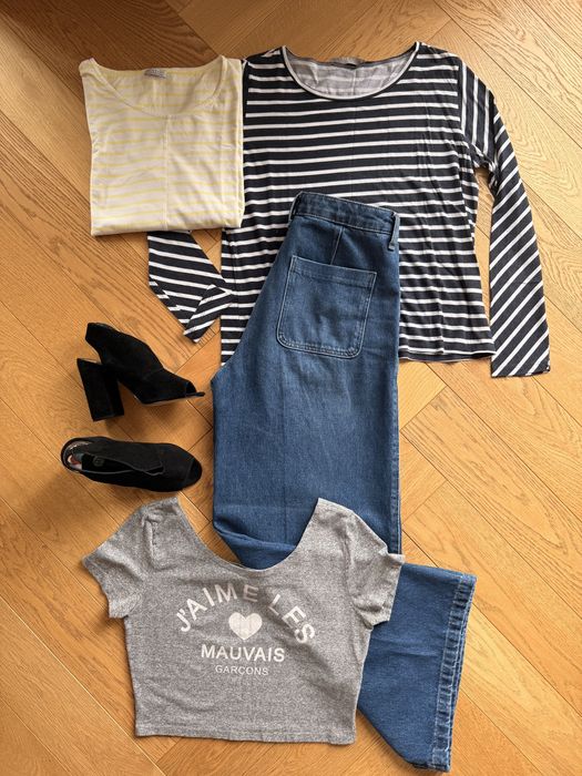 Dzwony jeansy z szeroką nogawką H&M 2 bluzki i top L