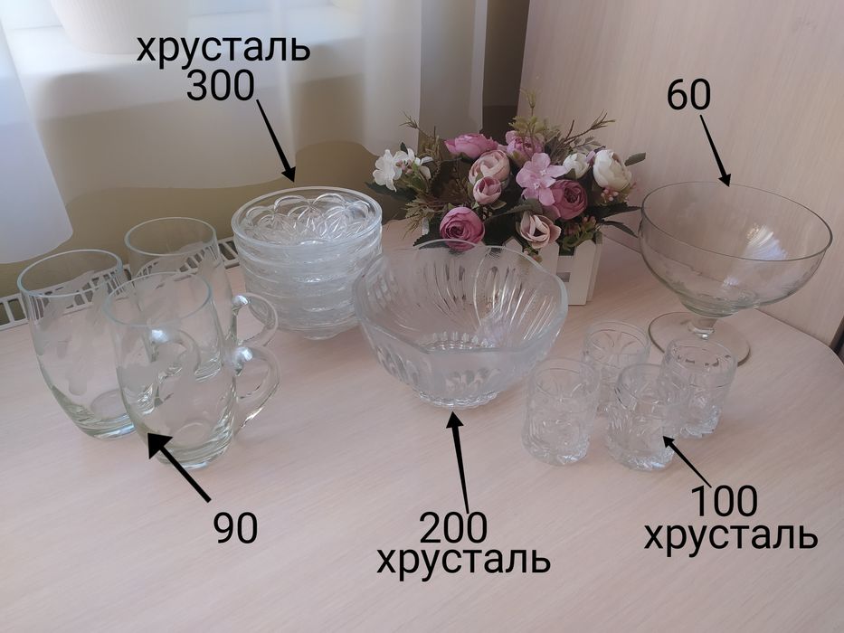 Бокали, хрусталь, ваза, цукерниця, рюмки, блюдця