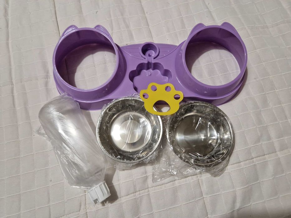 Comedouro Duplo com Dispensador Água para Animais Domésticos