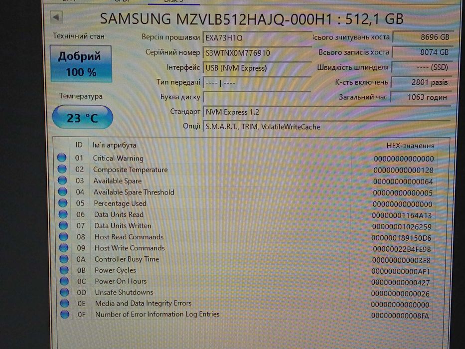 512GB NVMe SSD диск Samsung PM981 M.2 2280 як новий