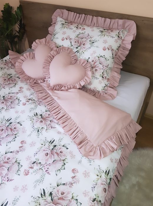 Pościel z falbankami, kwiaty, bukiety, różowa 140x200/70×80