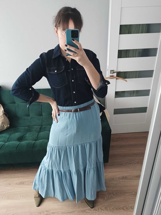 Spódnica długa maxi jeansowa falbany falbanki