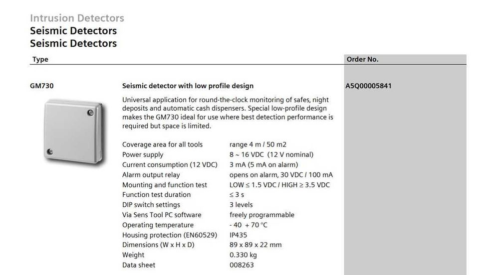 Detetor sismico GM730 (para cofre forte)