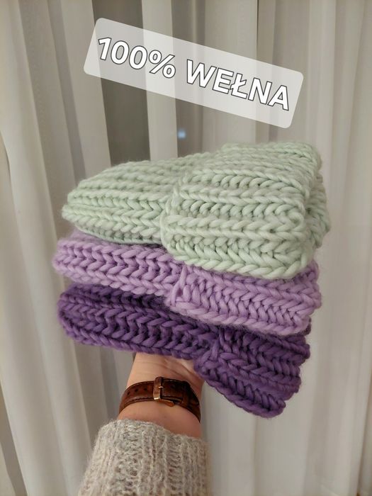 Nowa czapka wełniana handmade lawenda fiolet