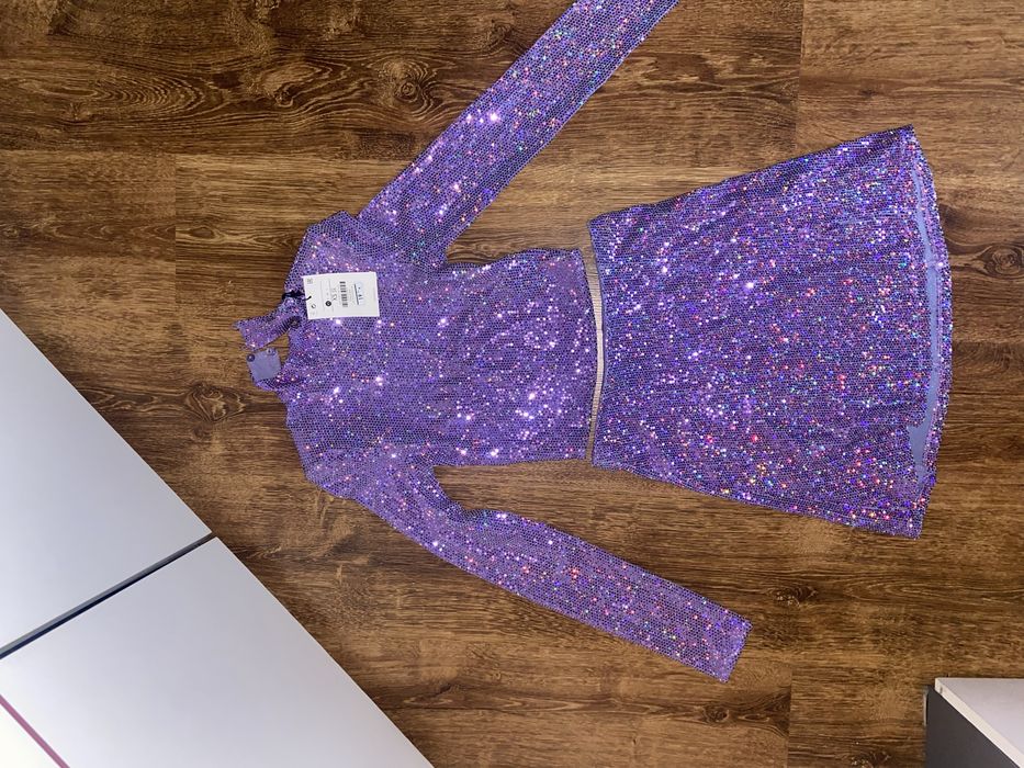 Brokatowy Cekinowy Zestaw Bershka XS Viral Sylwester Impreza Hit