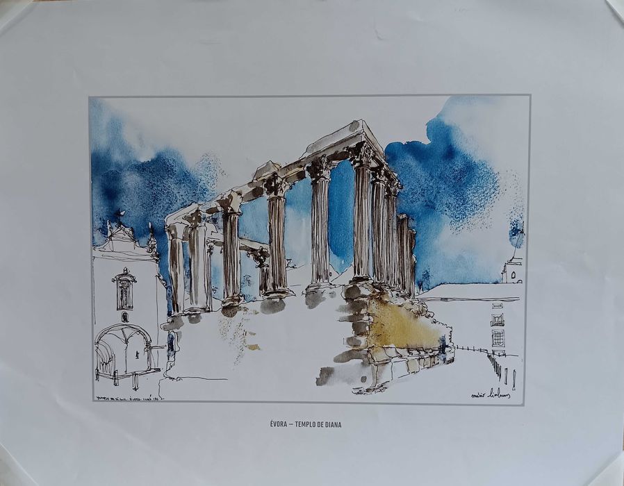 Évora em litografia de aguarela de Mário Linhares