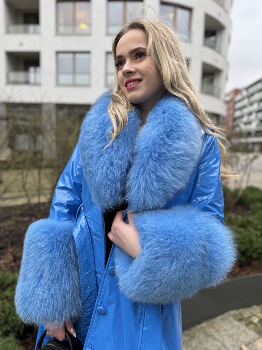 Płaszcz niebieski damski xs/s futro lis ocieplany premium nowy