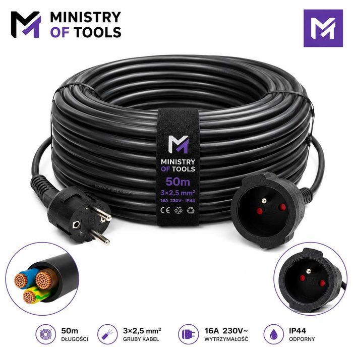 PRZEDŁUŻACZ budowlany, ogrodowy 50m 3X2,5 mm Gruby