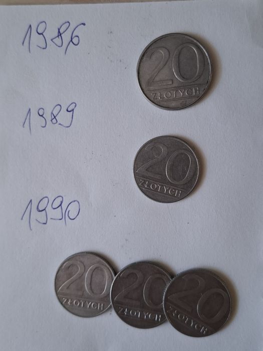 Zestaw 5 x moneta PRL 20 zł, lata 1986. 1989,1990
