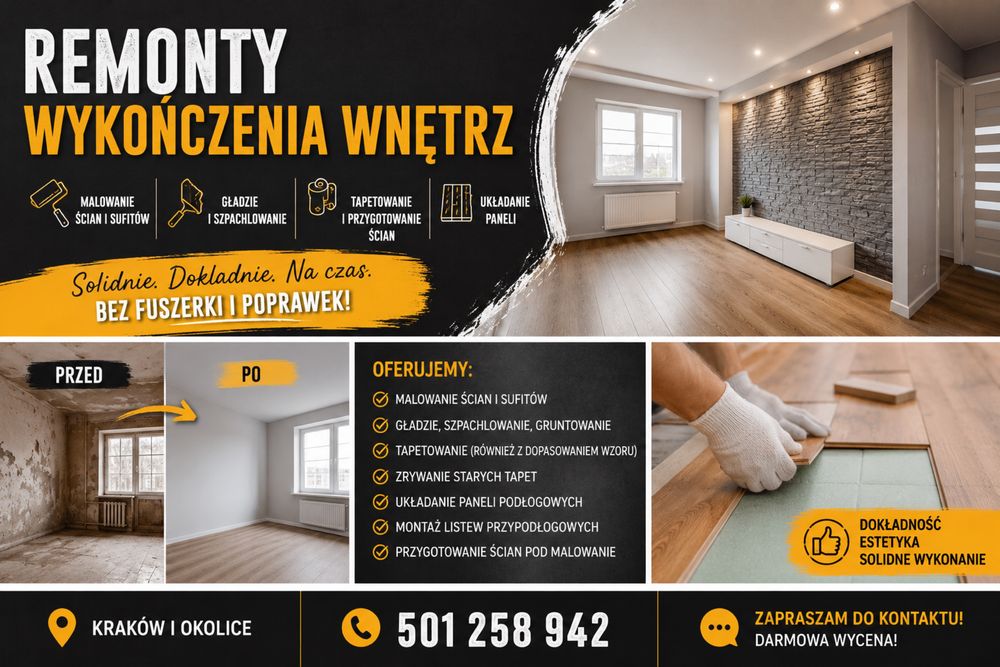 Remonty, wykończenia wnętrz, malowanie 20zł/m2 - szybkie terminy