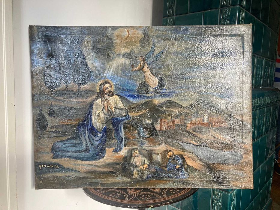 Barokowy obraz, sztuka naiwna, Jezus w Ogrodzie Oliwnym, z ok. 1840r.