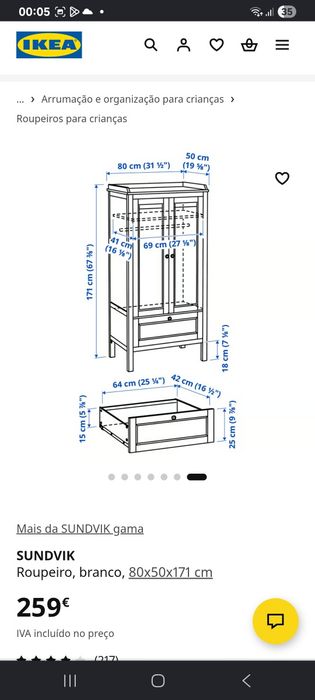 Roupeiro SUNDVIK 
Roupeiro, branco, 80x50x171 cm
Roupeiro, branco, 80x50x171 cm