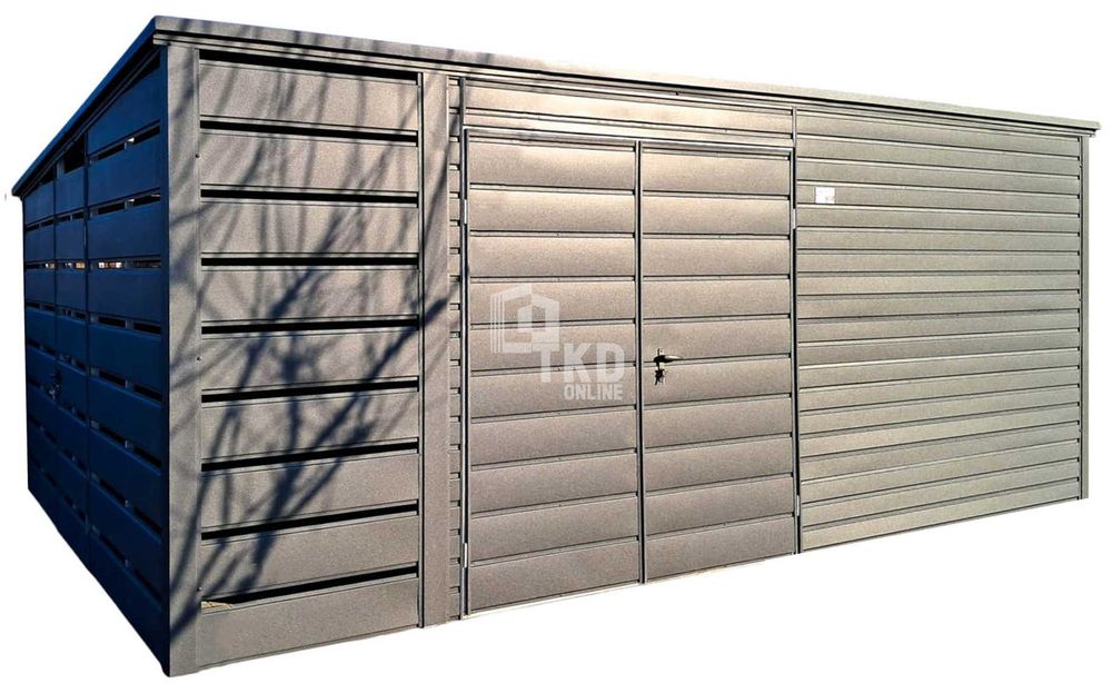 Garaż blaszany - schowek - 4,5x4,5m + wiata 1m 2x drzwi dach  TKD249