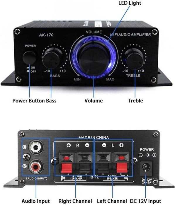 Wzmacniacz 12v 2x200W miniHIFI audio, czarny AK17