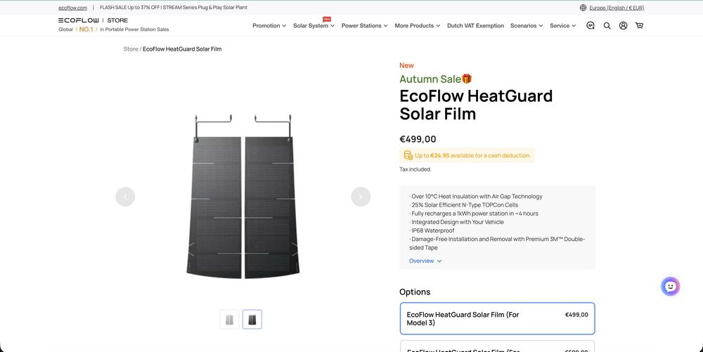 Солнечная панель для Tesla Model 3 EcoFlow HeatGuard Solar Film
