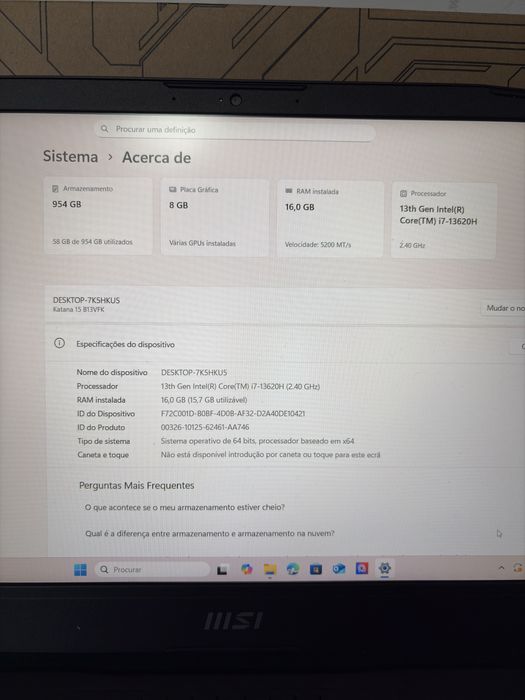 Portátil MSI KATANA i7 13620H | RTX 4060 | 1TB M.2 | 144Hz | Loja
