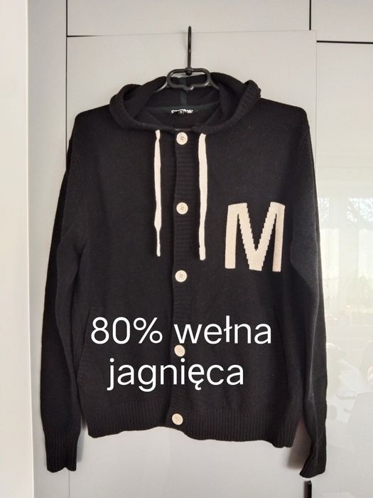 Świetny ciepły sweter z kapturem Money, kardigan wełniany