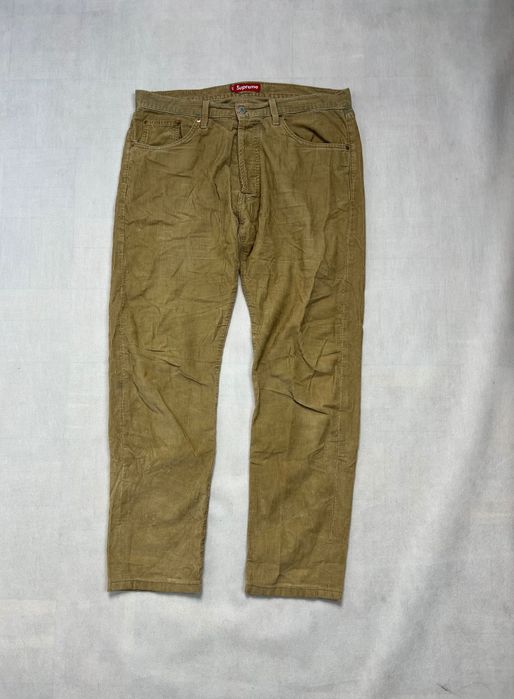 Supreme logo corduroy pants brown cream spodnie