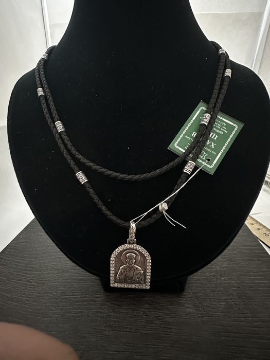 Серебряная ладанка Николай Угодник, Святой Николай и шелковый шнурок